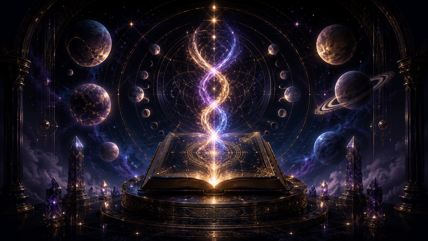 Cosmic artwork of an open book radiating a heart-shaped constellation among planets and crystals — symbolizing intuitive and medial perception